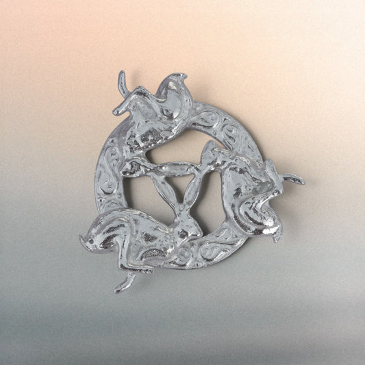 Three Hares Brooch (Anticlockwise, Celtic Circle), Handcast Pewter, Polished Finish