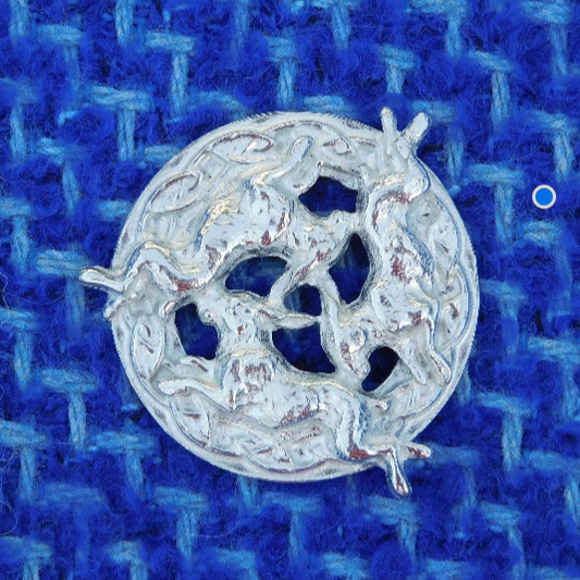 Three Hares Brooch (Victorian Style, Celtic Circle), Handcast Pewter, Polished Finish
