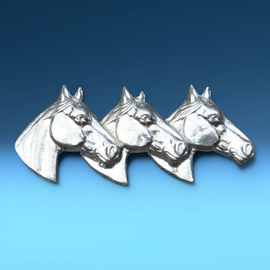 Horse Head Brooch (Three Horses), Handcast Pewter, Polished Finish