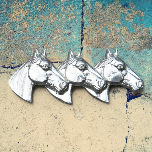 Three Horse Heads Brooch, Handcast Pewter, Polished Finish