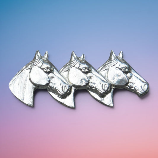Three Horse Heads Brooch, Handcast Pewter, Polished Finish
