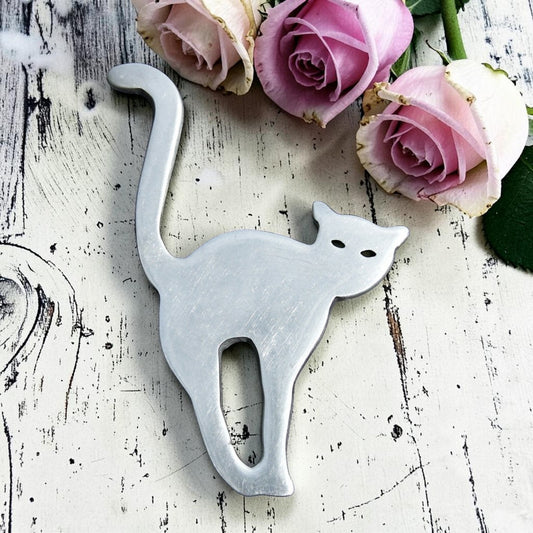 Cat Brooch, (Stretching Design), Handcast Pewter, Polished Finish