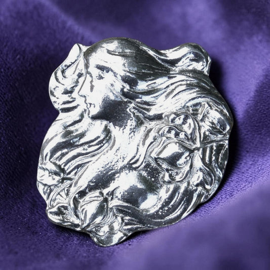Art Nouveau Girl Brooch, Handcast Pewter, Polished Finish