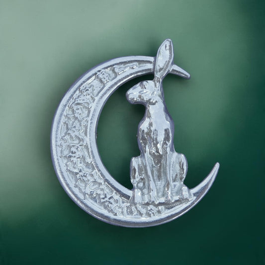 Hare Brooch (Floral Moon, Front View), Handcast Pewter, Polished Finish