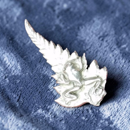 Silver Fern Brooch with Frog, Handcast Pewter, Polished Finish