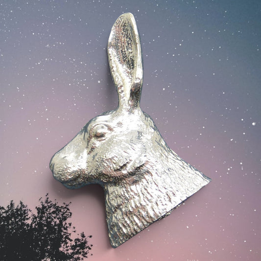 Hare Head Brooch, Handcast Pewter, Polished Finish