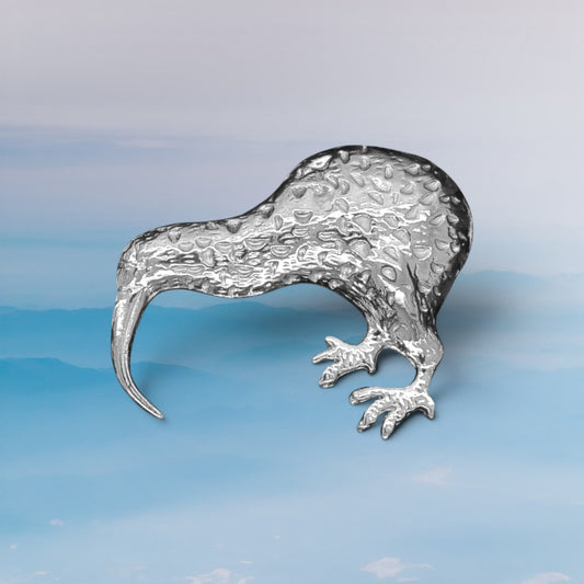 Kiwi Brooch, Handcast Pewter, Polished Finish
