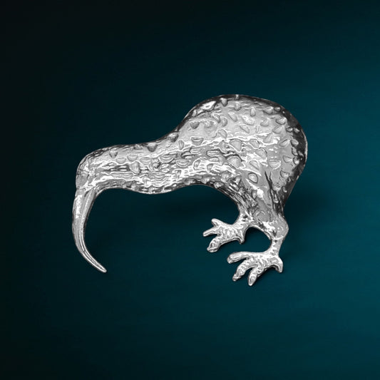 Kiwi Brooch, Handcast Pewter, Polished Finish