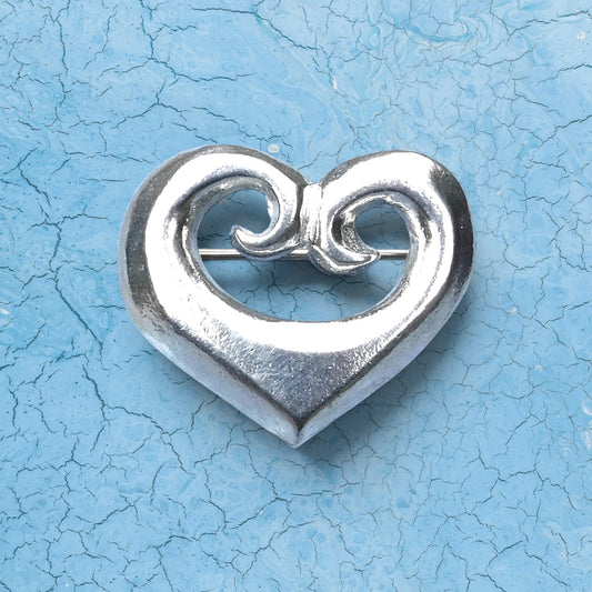 Koru Heart Brooch, Handcast Pewter, Polished Finish