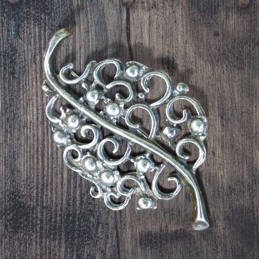 Ornate Scroll Leaf Brooch, Handcast Pewter, Polished Finish