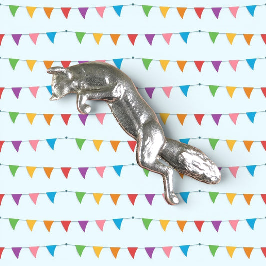 Leaping Fox Brooch, Handcast Pewter, Polished Finish