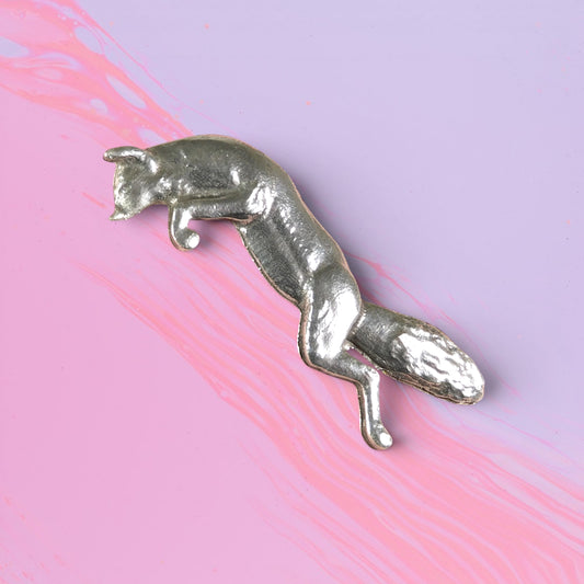 Leaping Fox Brooch, Handcast Pewter, Polished Finish