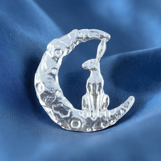 Hare and Moon Brooch (Front View), Handcast Pewter, Polished Finish
