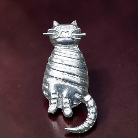 Cat Brooch, (Striped Design), Handcast Pewter, Polished Finish