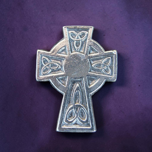 Celtic Cross Brooch (Larger Trinity Cross), Handcast Pewter, Polished Finish