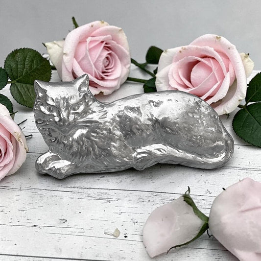 Cat Brooch (Lying Design), Handcast Pewter, Polished Finish