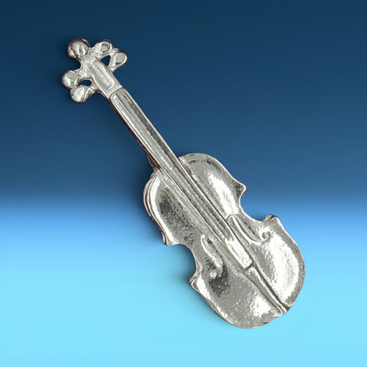 Violin Brooch, Handcast Pewter, Polished Finish