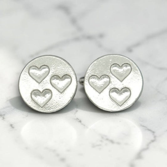 Three Heart Cufflinks, Handcast Pewter Cufflinks, Polished Finish