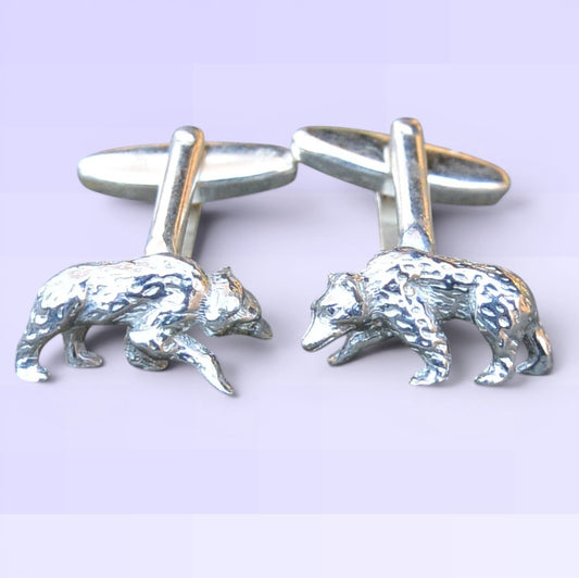 Bear Cufflinks, Handcast Pewter Cufflinks, Polished Finish