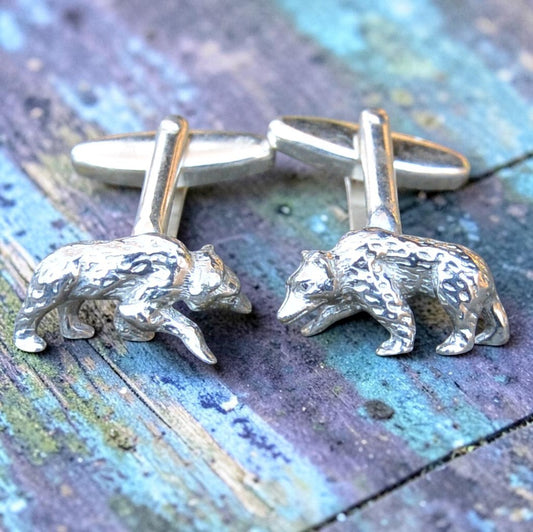Bear Cufflinks, Handcast Pewter Cufflinks, Polished Finish