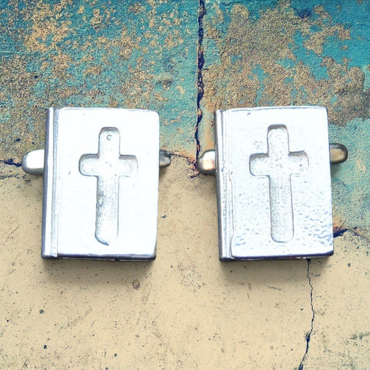 Bible Cufflinks (Inset Cross Design), Handcast Pewter Cufflinks, Polished Finish