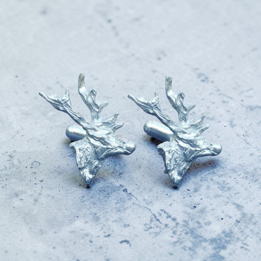 Stags Head Cufflinks, Handcast Pewter Cufflinks, Polished Finish
