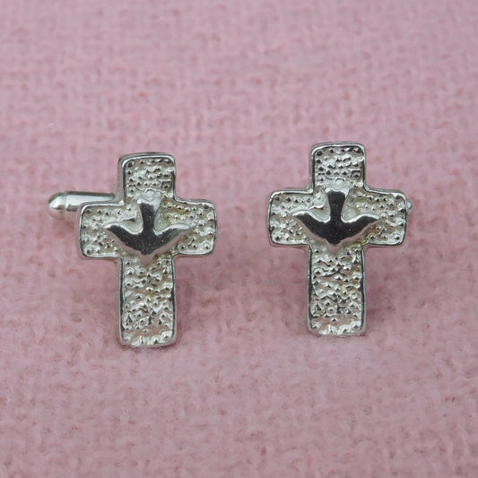 Cross and Dove Cufflinks, Handcast Pewter Cufflinks, Polished Finish