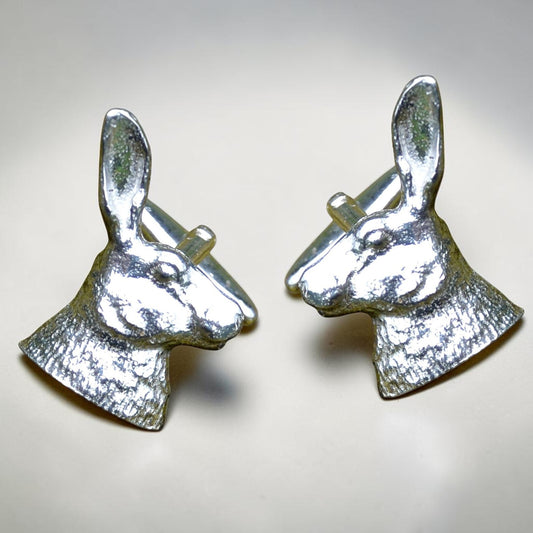 Hare Head Cufflinks, Handcast Pewter Cufflinks, Polished Finish