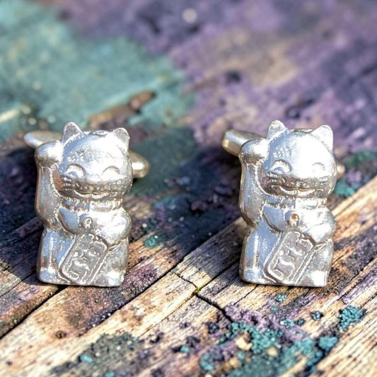 Beckoning Cat Cufflinks (Maneki Neko), Handcast Pewter Cufflinks, Polished Finish