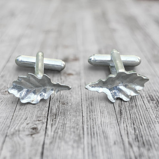 Oak Leaf Cufflinks (Small Design), Handcast Pewter Cufflinks, Polished Finish