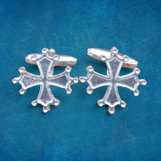 Occitan Cross Cufflinks, Handcast Pewter Cufflinks, Polished Finish