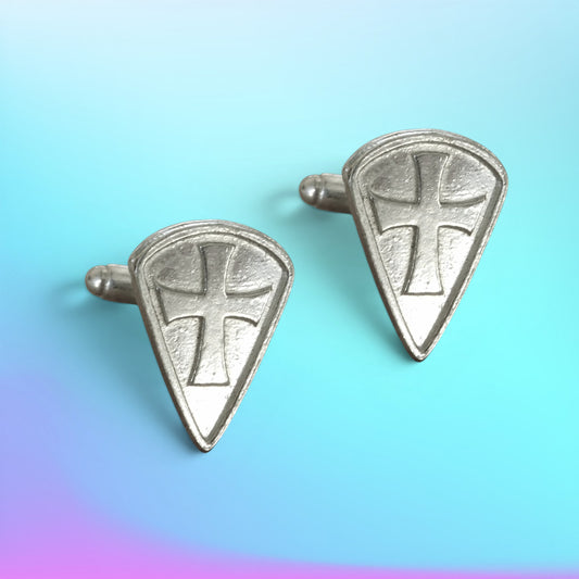 Knights Templar Cufflinks (Long Shield, Raised Cross), Handcast Pewter Cufflinks, Polished Finish