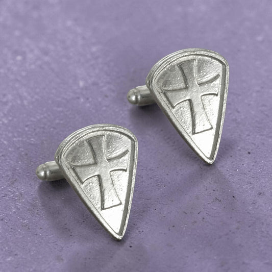 Knights Templar Cufflinks (Long Shield, Raised Cross), Handcast Pewter Cufflinks, Polished Finish