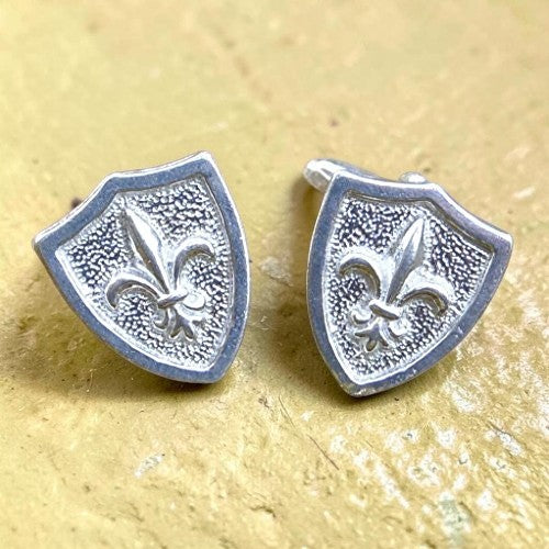 Shield Fleur-de-Lys Cufflinks, Handcast Pewter, Polished Finish