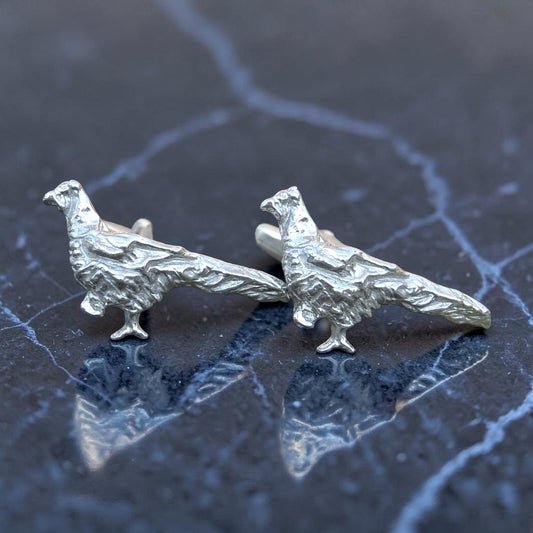 Pheasant Cufflinks, Handcast Pewter Cufflinks, Polished Finish