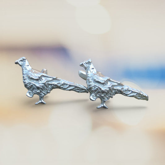 Pheasant Cufflinks, Handcast Pewter Cufflinks, Polished Finish