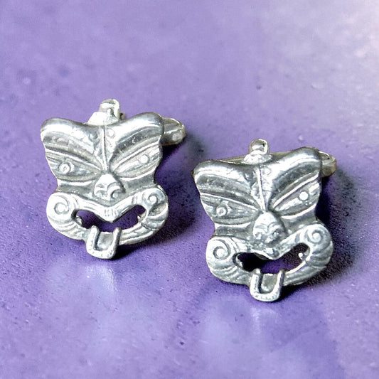 Maori Tiki Cufflinks, Handcast Pewter Cufflinks, Polished Finish