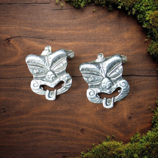 Maori Tiki Cufflinks, Handcast Pewter Cufflinks, Polished Finish