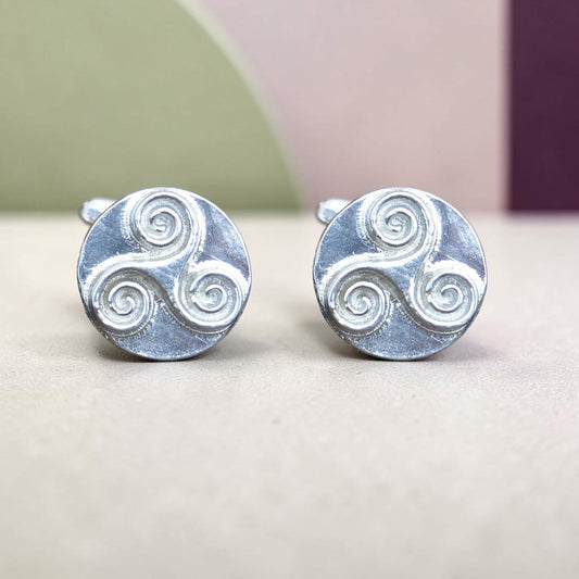 Triskele Cufflinks (Solid Design), Handcast Pewter Cufflinks, Polished Finish