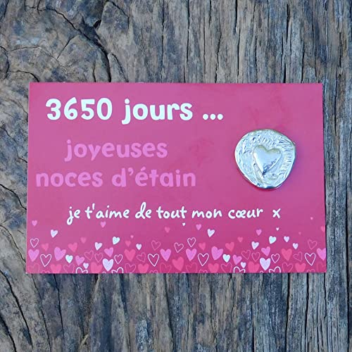 Cœur Unique Noces d’Étain, 3650 Jours de Mariage, Jeton Gravé en Étain sur Carte