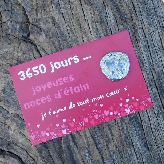 Double Cœur Noces d’Étain, 3650 Jours de Mariage, Jeton Couple en Étain sur Carte