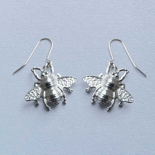 Bee Earrings, Handmade Pewter Drop Earrings, Polished Finish