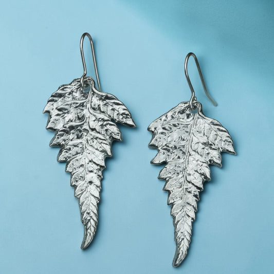 Fern Leaf Earrings, Handmade Pewter Drop Earrings, Polished Finish