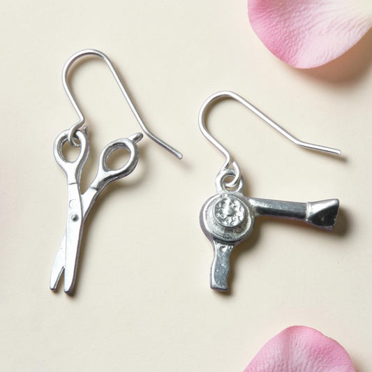 Hairdresser Earrings, Handmade Pewter Scissors and Hairdryer Drop Earrings
