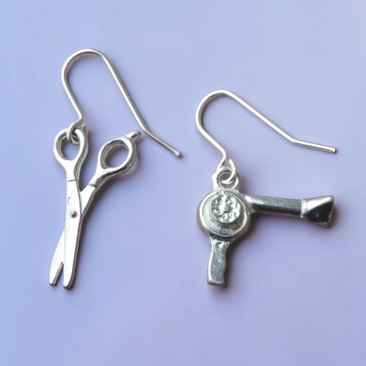 Hairdresser Earrings, Handmade Pewter Scissors and Hairdryer Drop Earrings