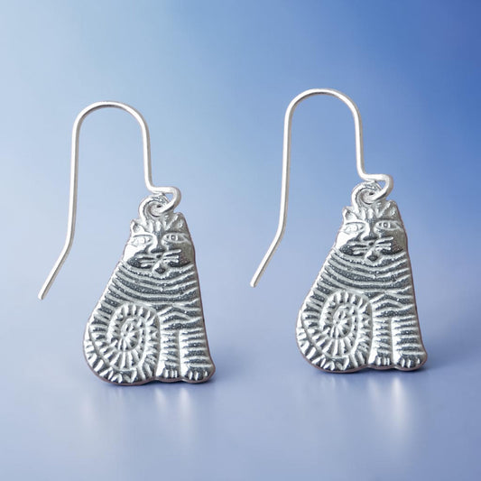 Stripy Cat Earrings, Handmade Pewter Drop Earrings, Polished Finish
