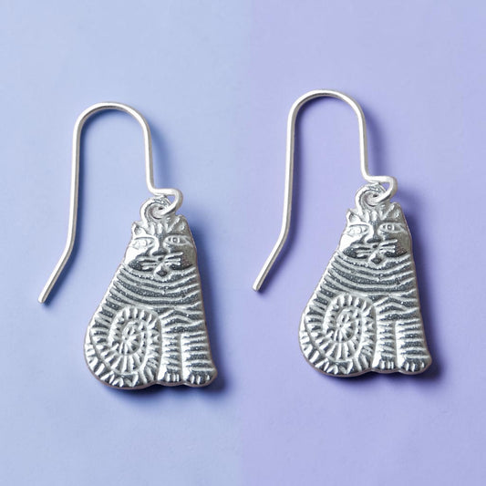 Stripy Cat Earrings, Handmade Pewter Drop Earrings, Polished Finish