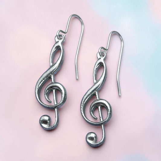 Treble Clef Earrings, Handmade Pewter Drop Earrings, Polished Finish