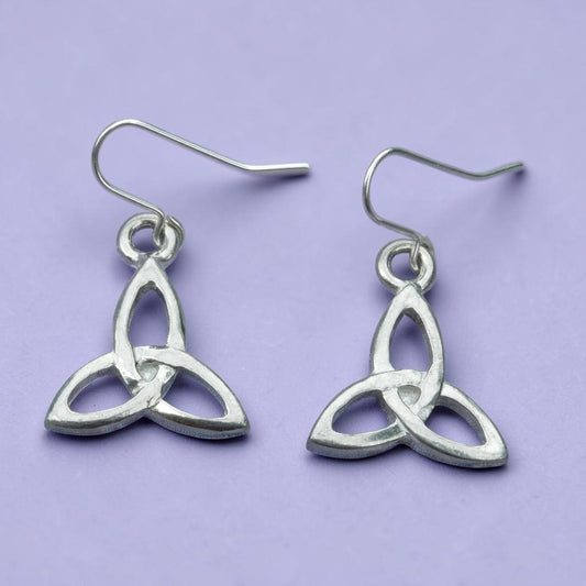 Triquetra Earrings, Handmade Pewter Celtic Knot Drop Earrings, Polished Finish