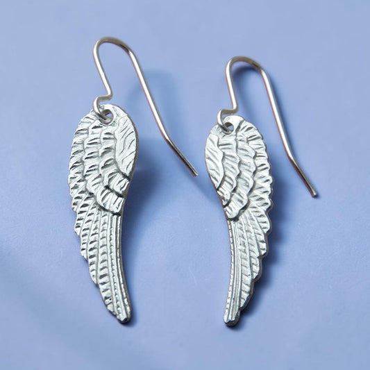 Angel Wing Earrings, Handmade Pewter Drop Earrings, Polished Finish